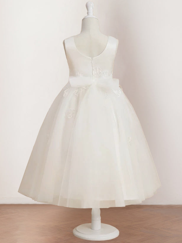 A-Line/Princess Scoop Neck Sleeveless Tea-Length Flower Girl Dress with Appliques