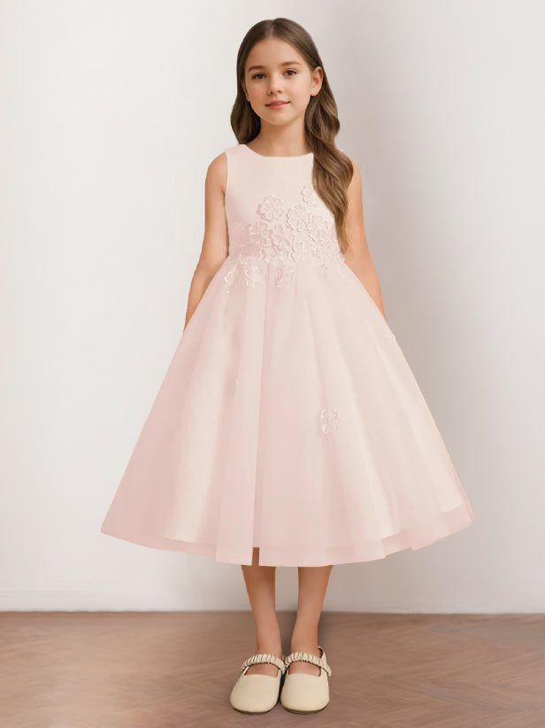 A-Line/Princess Scoop Neck Sleeveless Tea-Length Flower Girl Dress with Appliques Blush Pink A-Line/Princess Scoop Neck Sleeveless Tea-Length Flower Girl Dress with Appliques Blush Pink