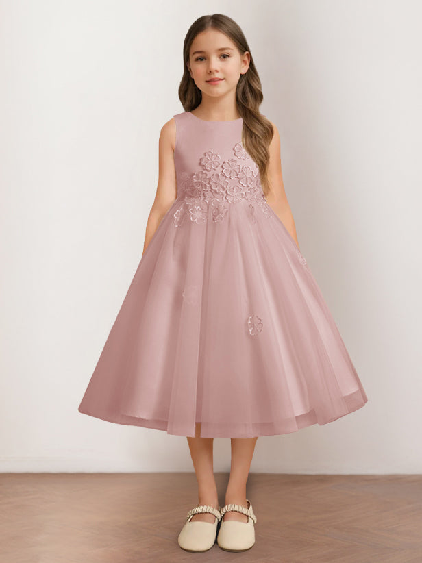 A-Line/Princess Scoop Neck Sleeveless Tea-Length Flower Girl Dress with Appliques