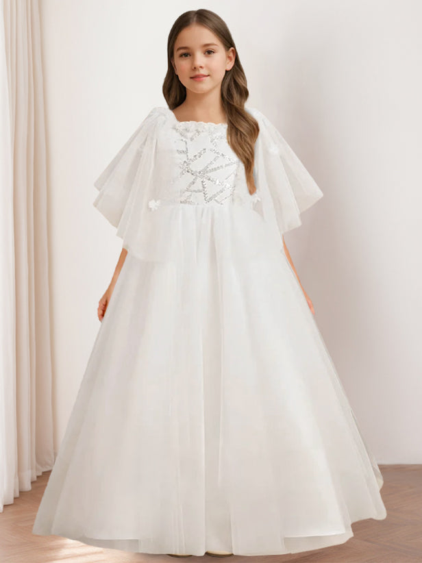 A-Line/Princess Scoop Neck Short Sleeves Floor-Length Flower Girl Dress