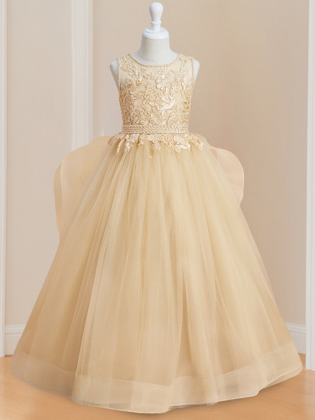 Ball-Gown Round Neck Sleeveless Floor-Length Flower Girl Dress with Appliques