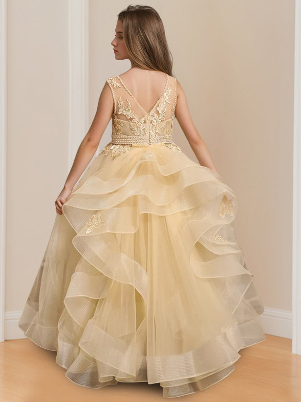 Ball-Gown Round Neck Sleeveless Floor-Length Flower Girl Dress with Appliques