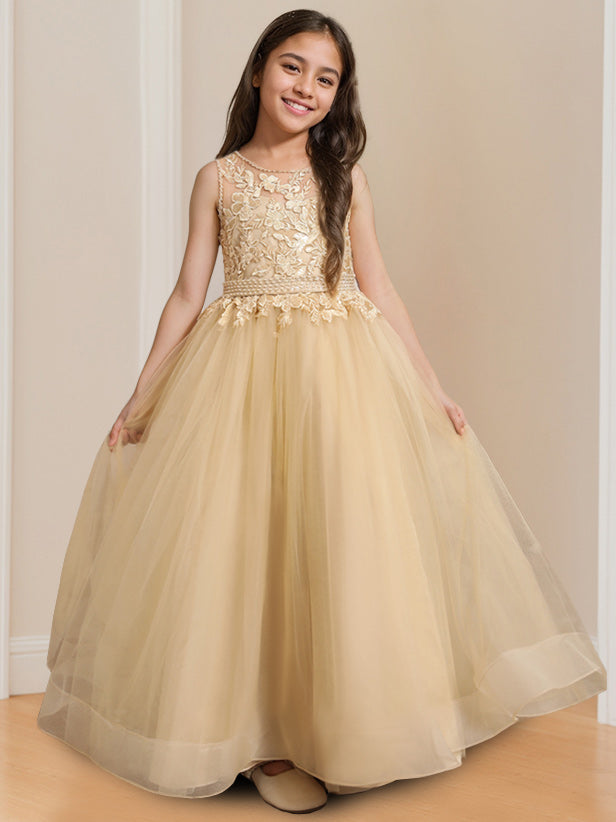 Ball-Gown Round Neck Sleeveless Floor-Length Flower Girl Dress with Appliques