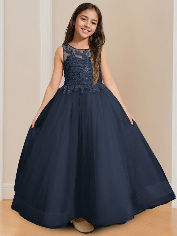 Ball-Gown Round Neck Sleeveless Floor-Length Flower Girl Dress with Appliques