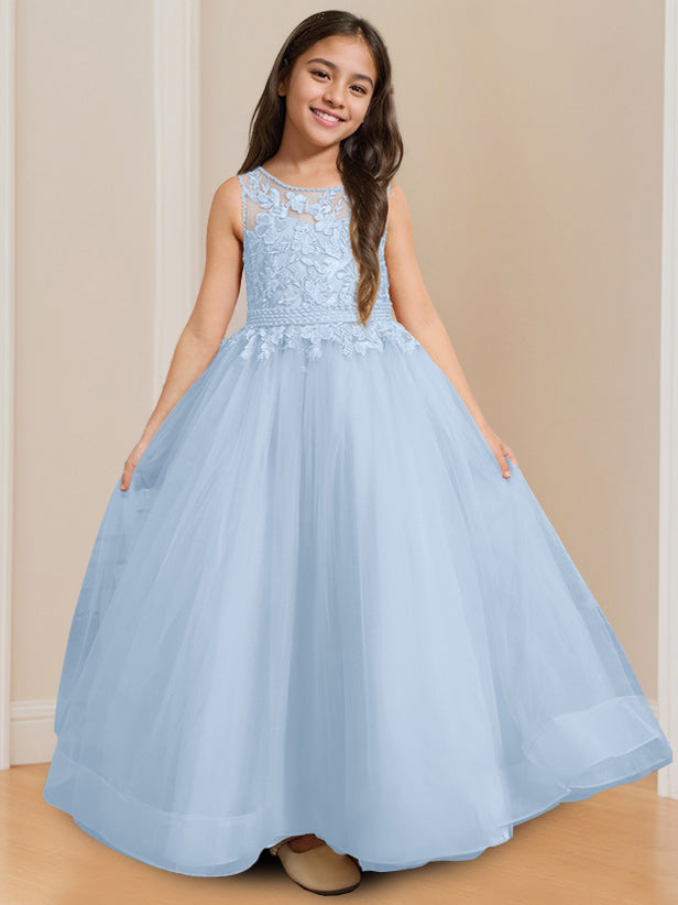 Ball-Gown Round Neck Sleeveless Floor-Length Flower Girl Dress with Appliques