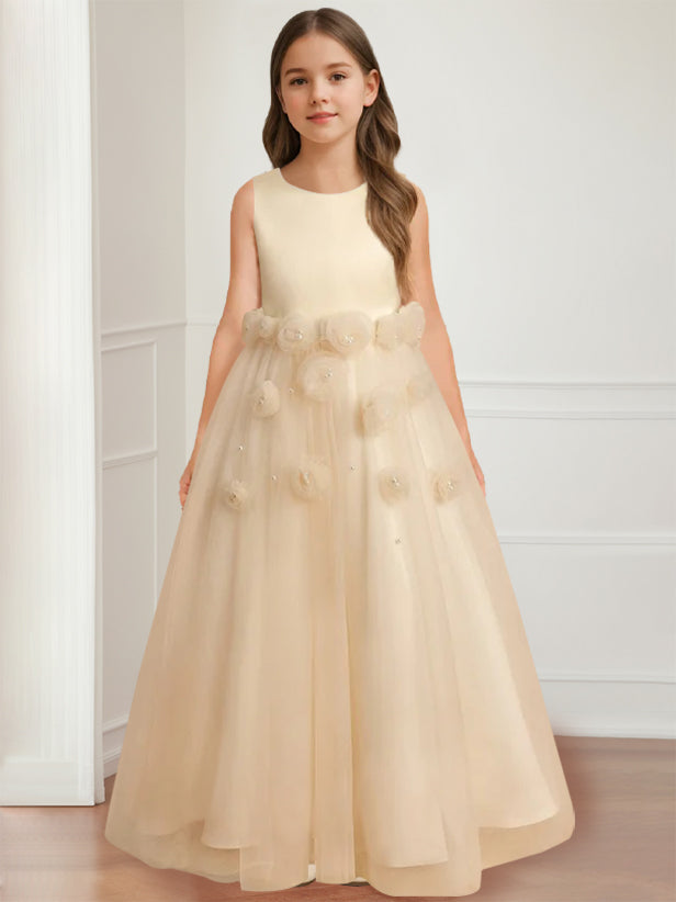 A-Line/Princess Round Neck Sleeveless Floor-Length Flower Girl Dress with 3D floral pattern