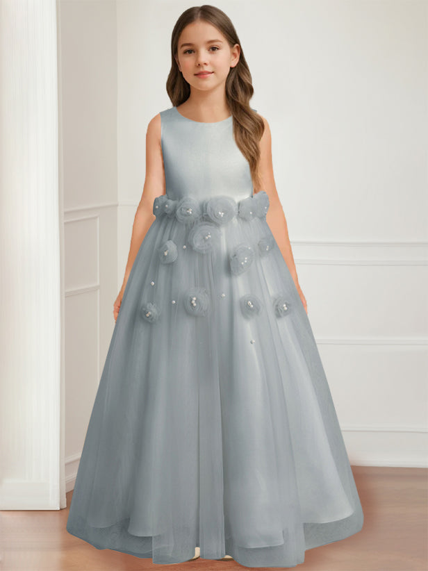 A-Line/Princess Round Neck Sleeveless Floor-Length Flower Girl Dress with 3D floral pattern