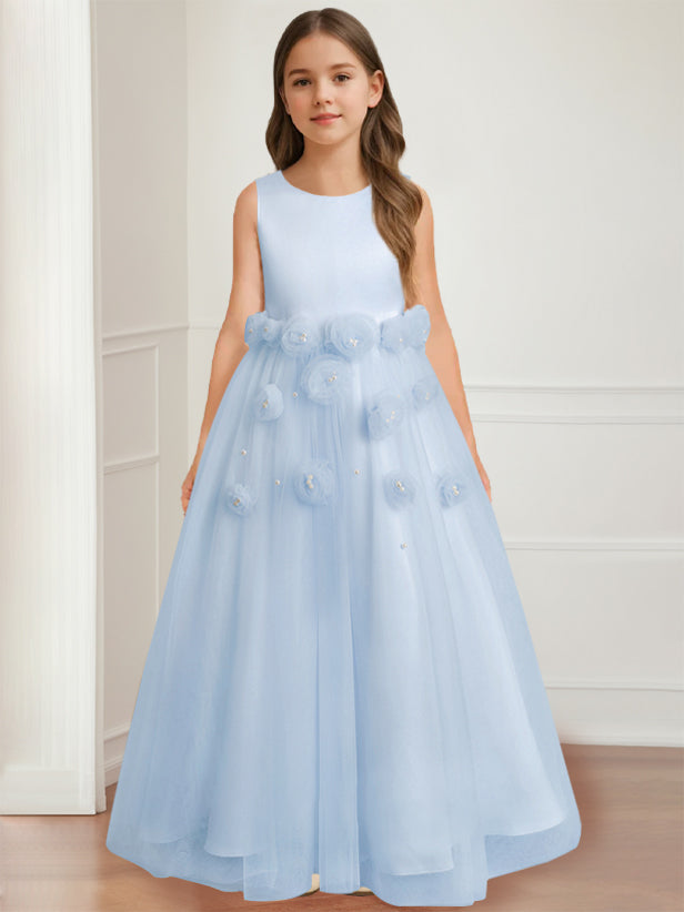 A-Line/Princess Round Neck Sleeveless Floor-Length Flower Girl Dress with 3D floral pattern