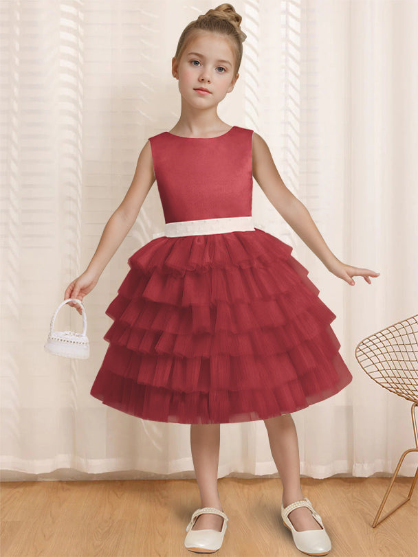 Ball-Gown Round Neck Sleeveless Knee-Length Flower Girl Dress with Ruffles & Bowknot