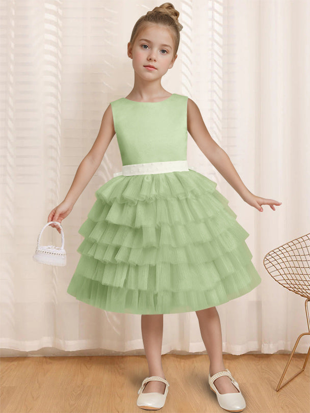 Ball-Gown Round Neck Sleeveless Knee-Length Flower Girl Dress with Ruffles & Bowknot