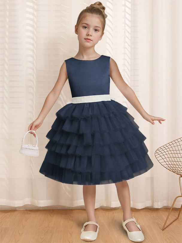 Ball-Gown Round Neck Sleeveless Knee-Length Flower Girl Dress with Ruffles & Bowknot