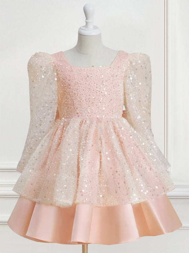 A-Line/Princess Square Neck Long Sleeves Knee-Length Flower Girl Dress with Bowknot