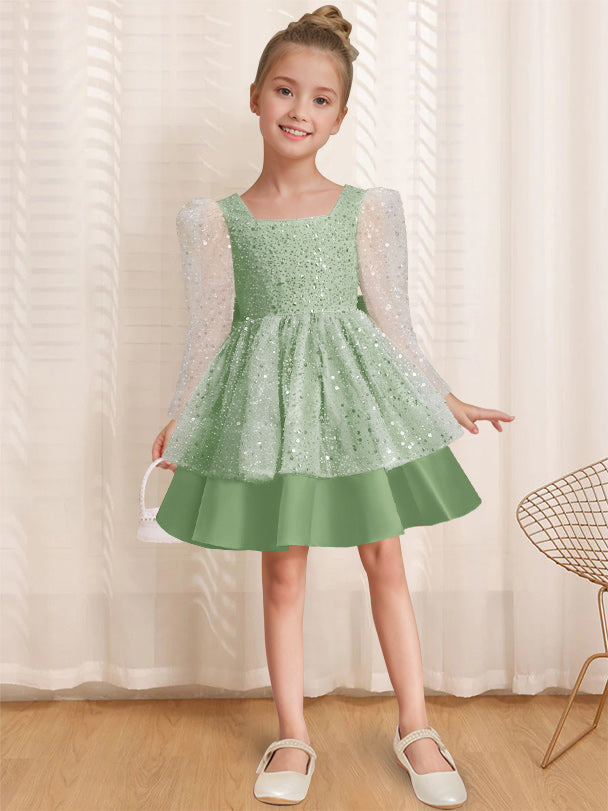 A-Line/Princess Square Neck Long Sleeves Knee-Length Flower Girl Dress with Bowknot