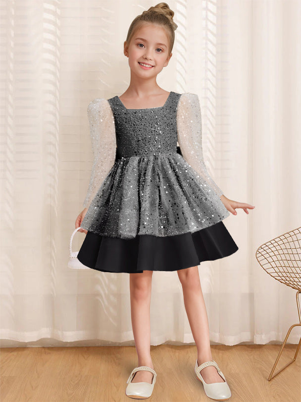 A-Line/Princess Square Neck Long Sleeves Knee-Length Flower Girl Dress with Bowknot