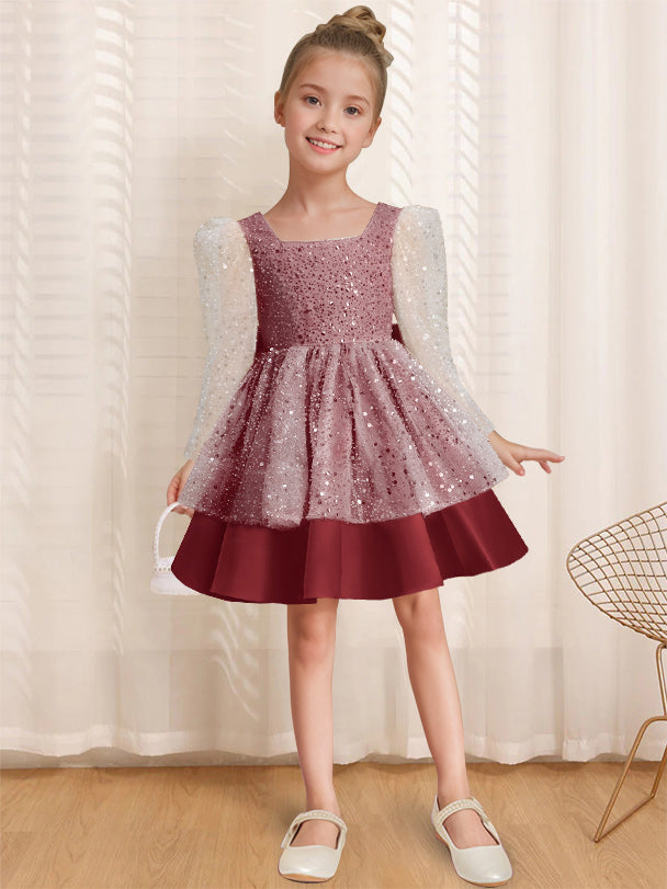 A-Line/Princess Square Neck Long Sleeves Knee-Length Flower Girl Dress with Bowknot