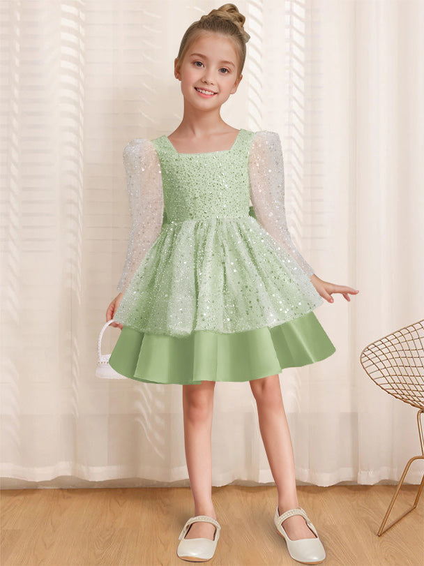 A-Line/Princess Square Neck Long Sleeves Knee-Length Flower Girl Dress with Bowknot