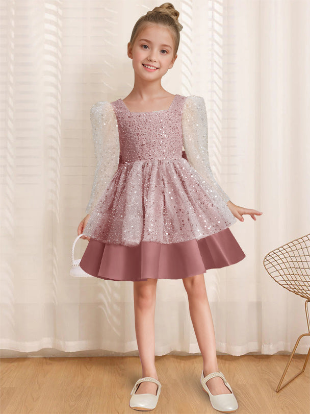 A-Line/Princess Square Neck Long Sleeves Knee-Length Flower Girl Dress with Bowknot