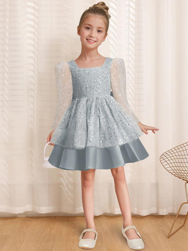 A-Line/Princess Square Neck Long Sleeves Knee-Length Flower Girl Dress with Bowknot