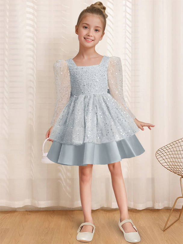 A-Line/Princess Square Neck Long Sleeves Knee-Length Flower Girl Dress with Bowknot