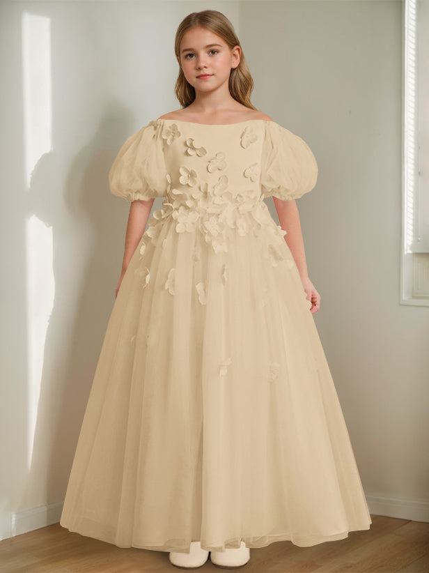 A-Line/Princess Off-the-Shoulder Ankle-Length Flower Girl Dress with Beads & 3D Flowers