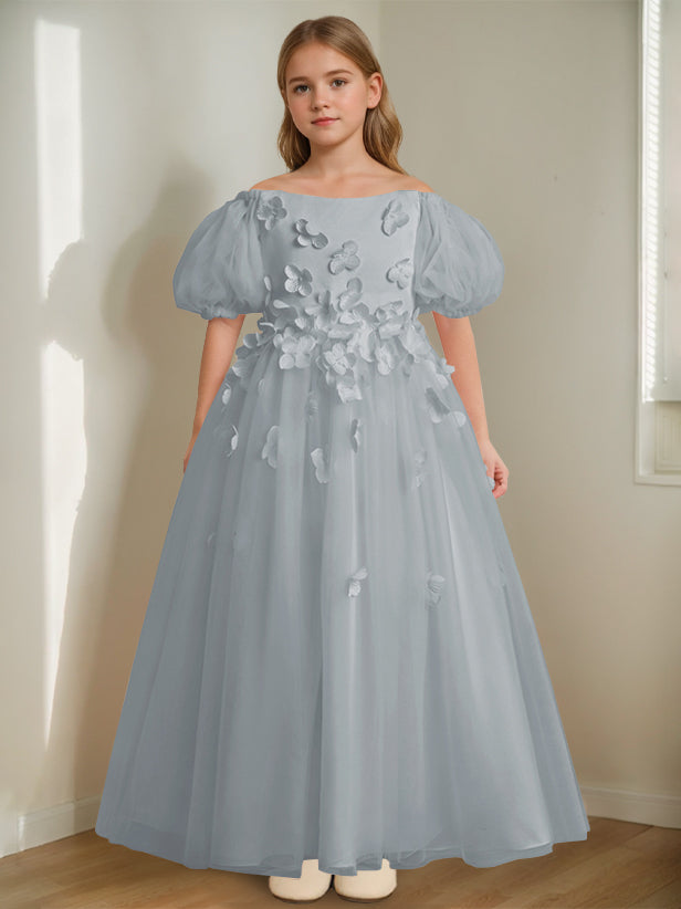 A-Line/Princess Off-the-Shoulder Ankle-Length Flower Girl Dress with Beads & 3D Flowers, Blush Pink A-Line/Princess Off-the-Shoulder Ankle-Length Flower Girl Dress with Beads & 3D Flowers, Blush Pink