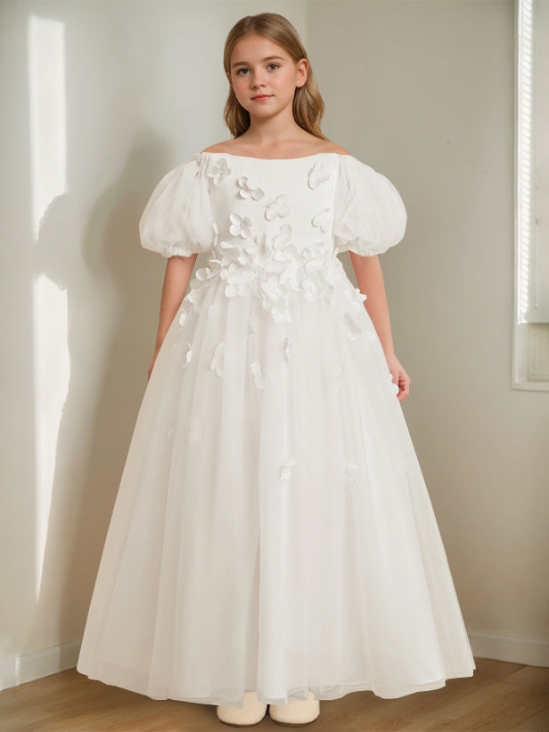 A-Line/Princess Off-the-Shoulder Ankle-Length Flower Girl Dress with Beads & 3D Flowers