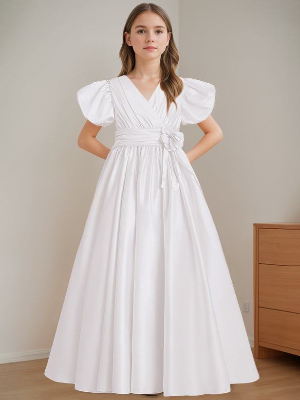 A-Line/Princess V-Neck Short Sleeves Floor-Length Flower Girl Dress with 3D Flowers