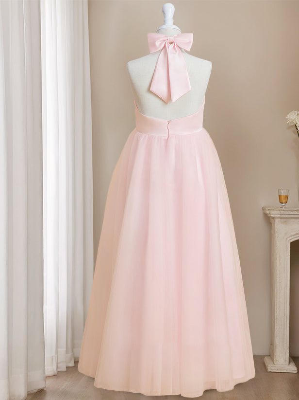 A-Line/Princess Halter Neck Sleeveless Floor-Length Flower Girl Dress with Bowknot