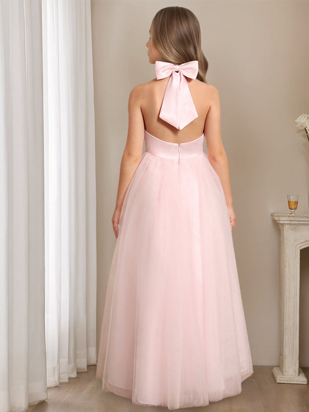 A-Line/Princess Halter Neck Sleeveless Floor-Length Flower Girl Dress with Bowknot, Blush Pink A-Line/Princess Halter Neck Sleeveless Floor-Length Flower Girl Dress with Bowknot, Blush Pink