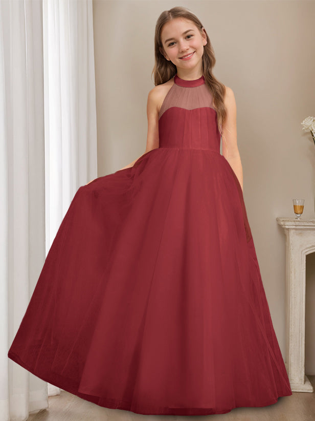 A-Line/Princess Halter Neck Sleeveless Floor-Length Flower Girl Dress with Bowknot