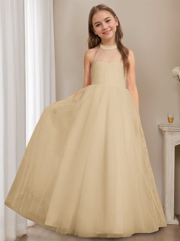 A-Line/Princess Halter Neck Sleeveless Floor-Length Flower Girl Dress with Bowknot