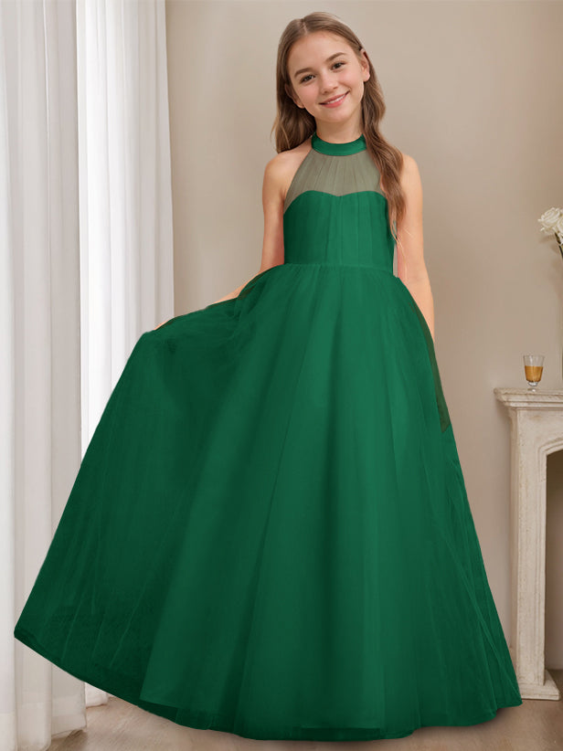 A-Line/Princess Halter Neck Sleeveless Floor-Length Flower Girl Dress with Bowknot