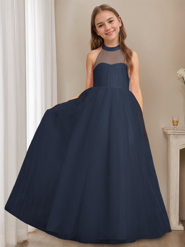 A-Line/Princess Halter Neck Sleeveless Floor-Length Flower Girl Dress with Bowknot