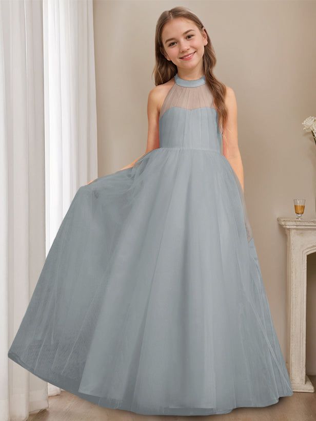 A-Line/Princess Halter Neck Sleeveless Floor-Length Flower Girl Dress with Bowknot