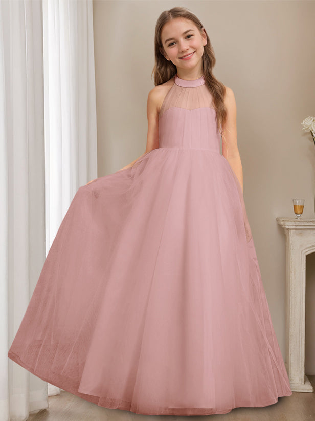 A-Line/Princess Halter Neck Sleeveless Floor-Length Flower Girl Dress with Bowknot