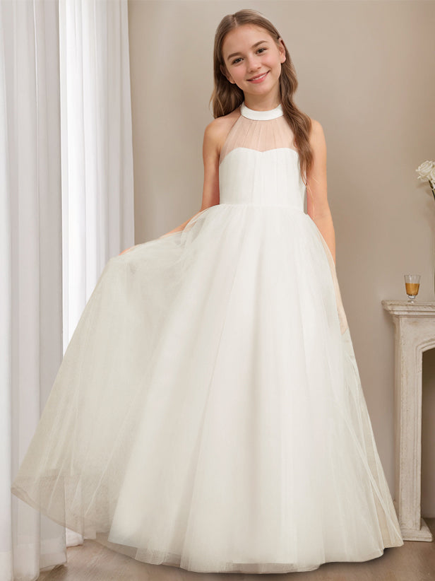 A-Line/Princess Halter Neck Sleeveless Floor-Length Flower Girl Dress with Bowknot