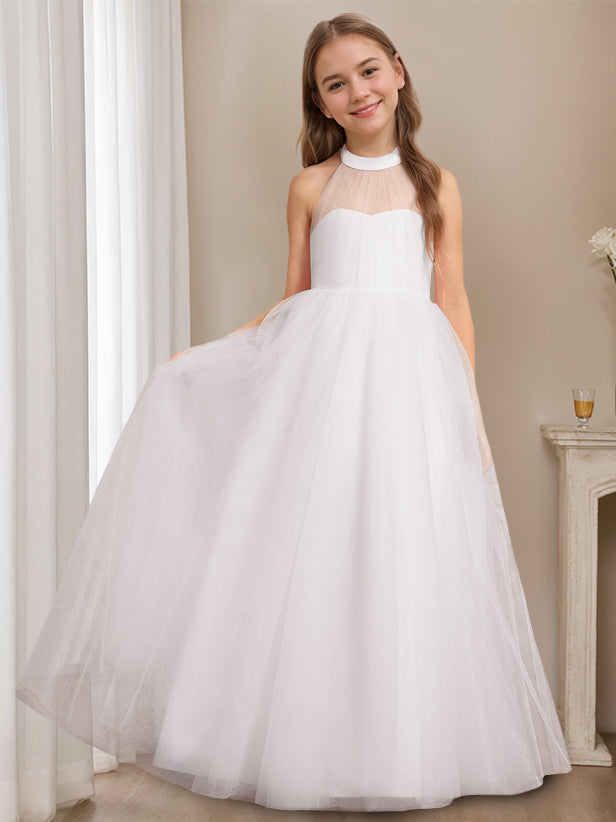 A-Line/Princess Halter Neck Sleeveless Floor-Length Flower Girl Dress with Bowknot White A-Line/Princess Halter Neck Sleeveless Floor-Length Flower Girl Dress with Bowknot White