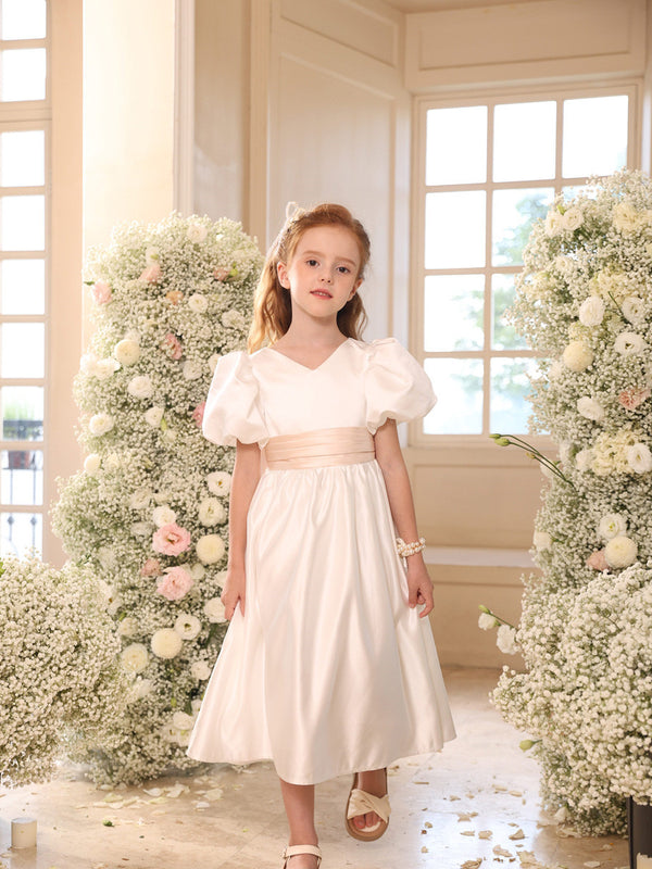 A-Line/Princess Satin V-Neck Short Sleeves Tea-Length Flower Girl Dresses