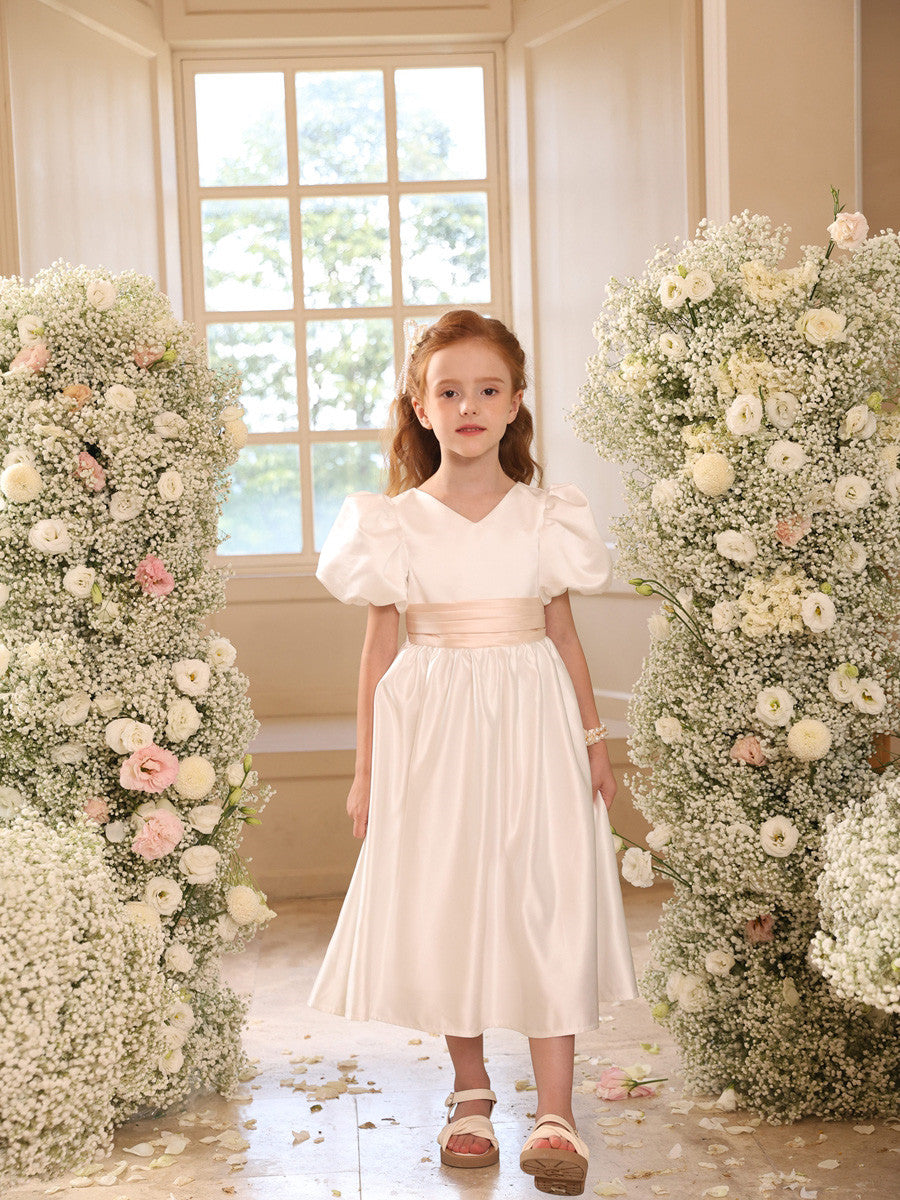 A-Line/Princess Satin V-Neck Short Sleeves Tea-Length Flower Girl Dresses