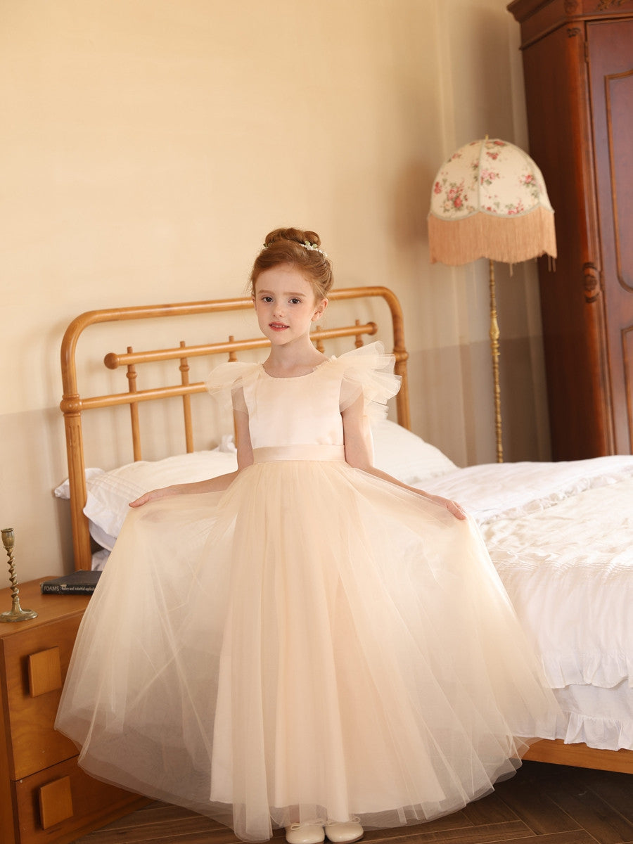 Ball-Gown Satin Tulle Scoop Sleeveless Floor-Length  Flower Girl Dresses