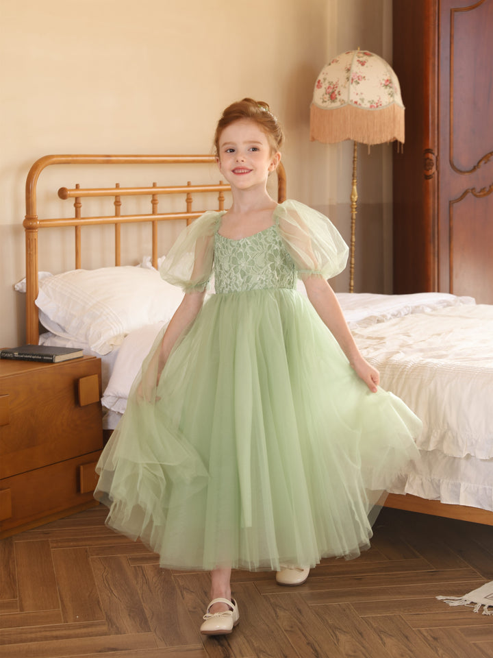 Ball-Gown Tulle Scoop Short Sleeves Tea-Length Flower Girl Dresses