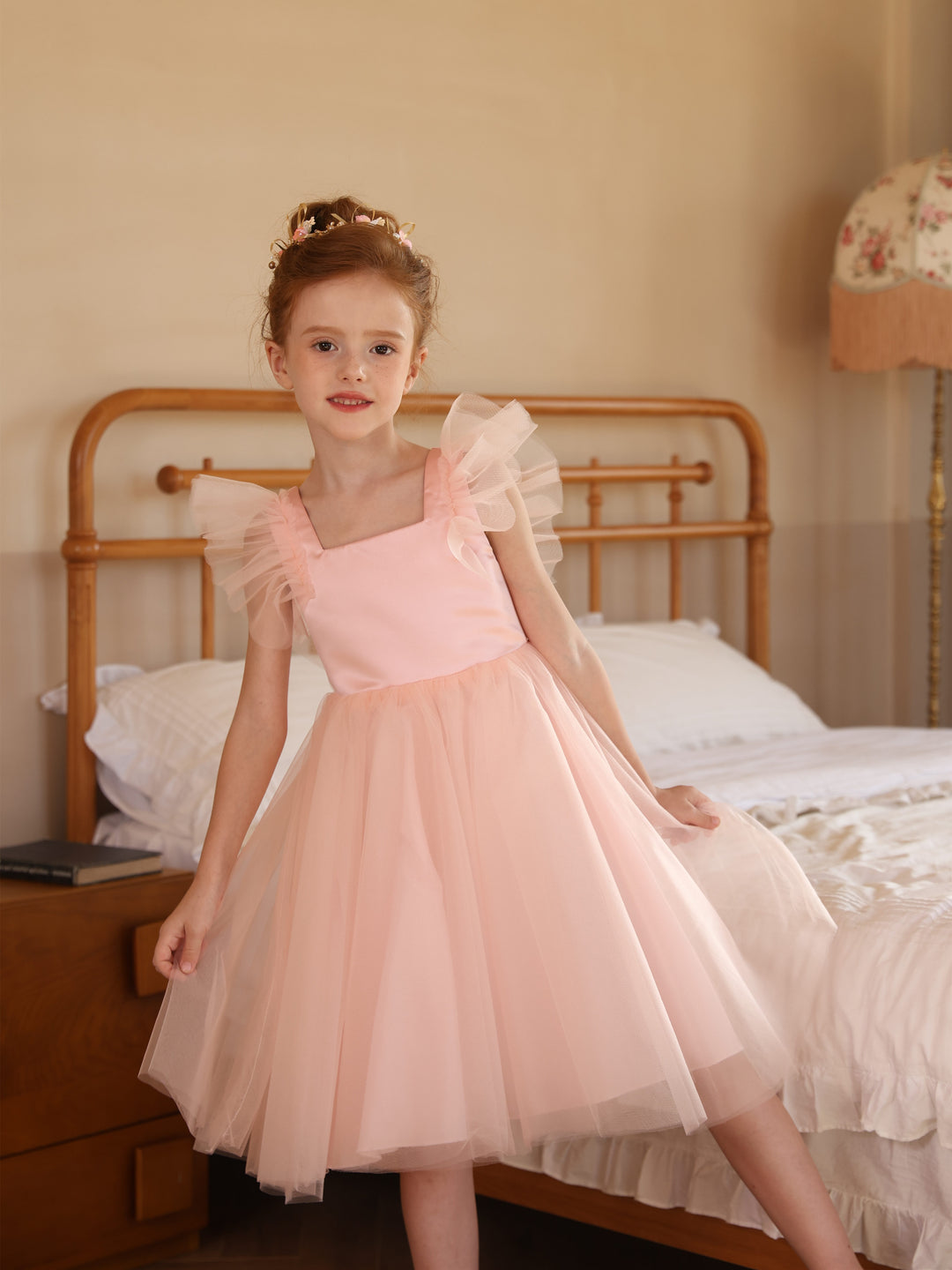 flower girl dress satin Cap Sleeves Beading Appliques Satin Flower Girl Dress with Training