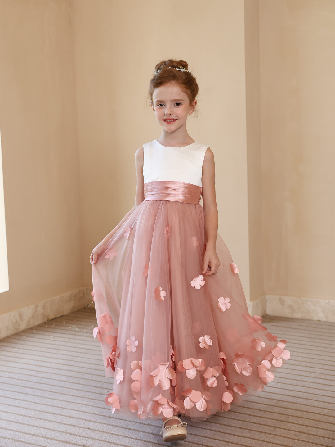 Ball-Gown Satin Tulle Scoop Sleeveless Ankle Length  Flower Girl Dresses With Flower