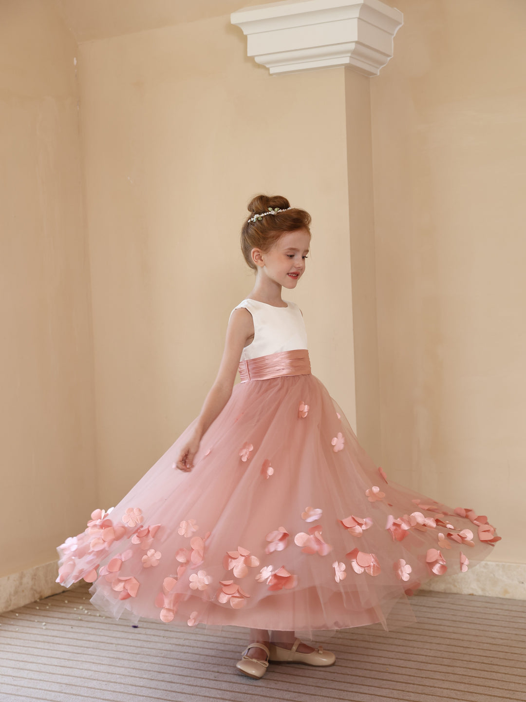 Ball-Gown Satin Tulle Scoop Sleeveless Ankle Length Flower Girl Dresses With Flower