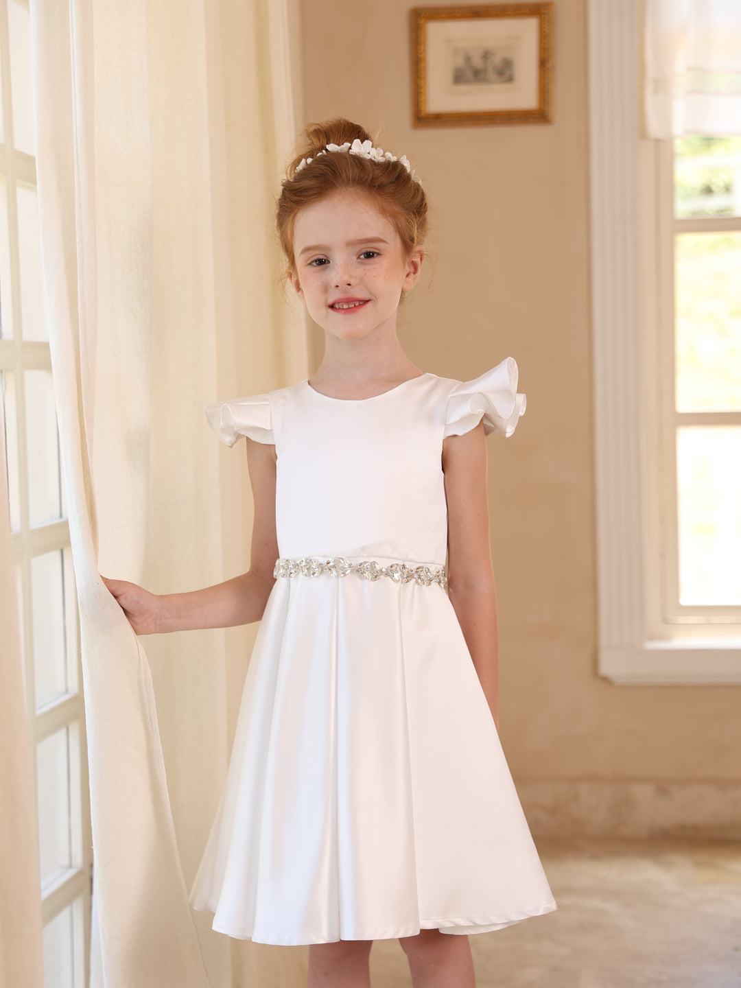 Ball-Gown Satin Scoop Sleeveless Knee-Length Ruched Flower Girl Dresses