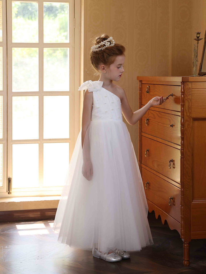 Ball-Gown Satin Tulle One-shoulder Sleeveless Ankle-Length Flower Girl Dresses With Bowknot