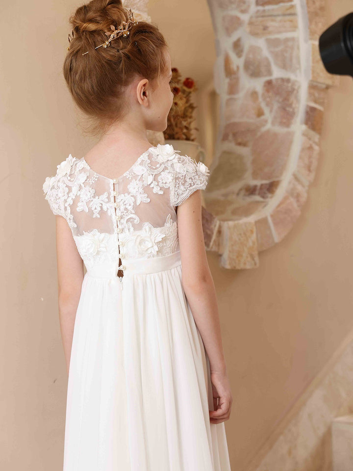 A-Line/Princess Satin Lace Scoop Short Sleeves Floor-Length  Flower Girl Dresses White Lace