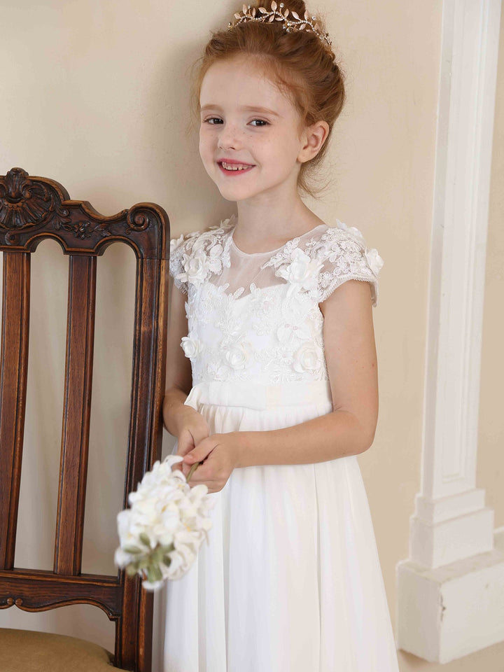 A-Line/Princess Satin Lace Scoop Short Sleeves Floor-Length  Flower Girl Dresses White Lace