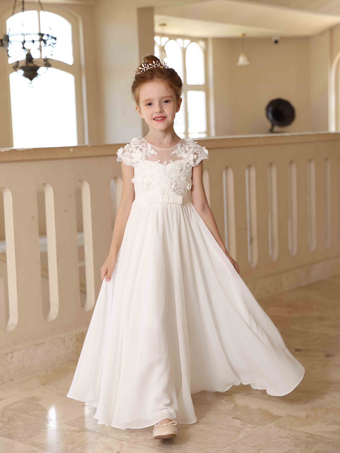 A-Line/Princess Satin Lace Scoop Short Sleeves Floor-Length Flower Girl Dresses White Lace A-Line/Princess Satin Lace Scoop Short Sleeves Floor-Length Flower Girl Dresses White Lace