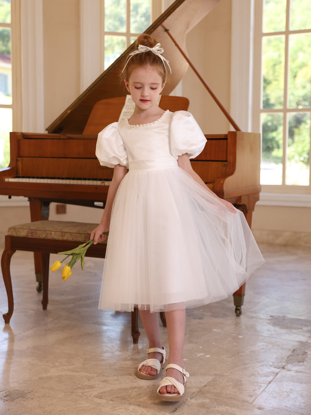 Ball-Gown Satin Tulle Scoop Short Sleeves Tea-Length Flower Girl Dresses With Bowknot